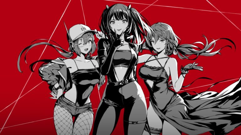 Feature image for our Brown Dust 2 characters list. It shows promo art of three female characters from the game rendered in greyscale, stood against a red background.