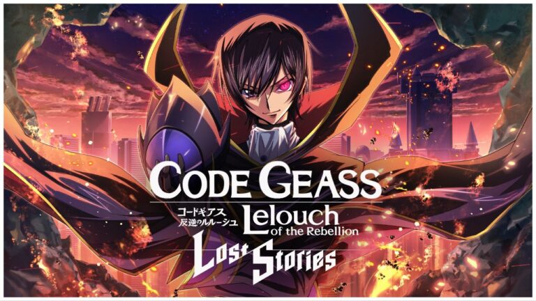 feature image for our code geass lost stories tier list, the image features promo art of lelouch crossing his arms while smirking as he is standing in what looks to be a cave while surrounded by flames, there is a cityscape in the background amidst a dark sunset