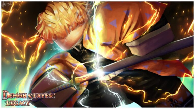 feature image for our demon slayer legacy breathing tier list, the image features promo art for the game with a drawing of a roblox version of zenitsu from the demon slayer series, he is lunging forward while unsheathing his sword from his side