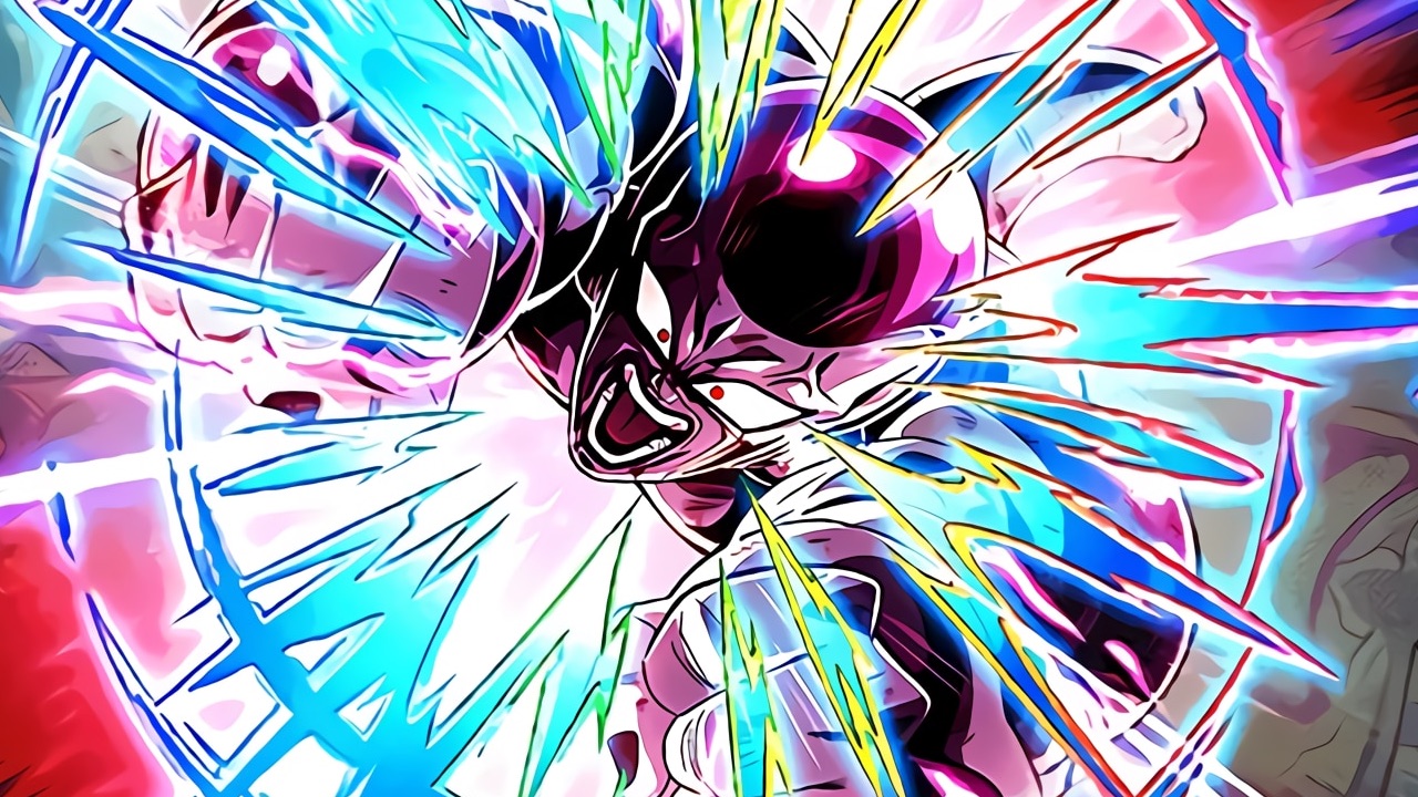 The featured image for our Dragon Ball Z Dokkan Battle Panel Missions Guide, featuring a picture of a character from the game diving towards the camera, screaming. The character is covered in a wide variety of colours.