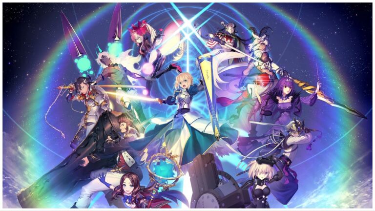 feature image for our fgo buster looping tier list, the image features official promo art of some characters from the game as they wield their weapons, there is a starry sky behind them with clouds and a rainbow circle shape surrounds them