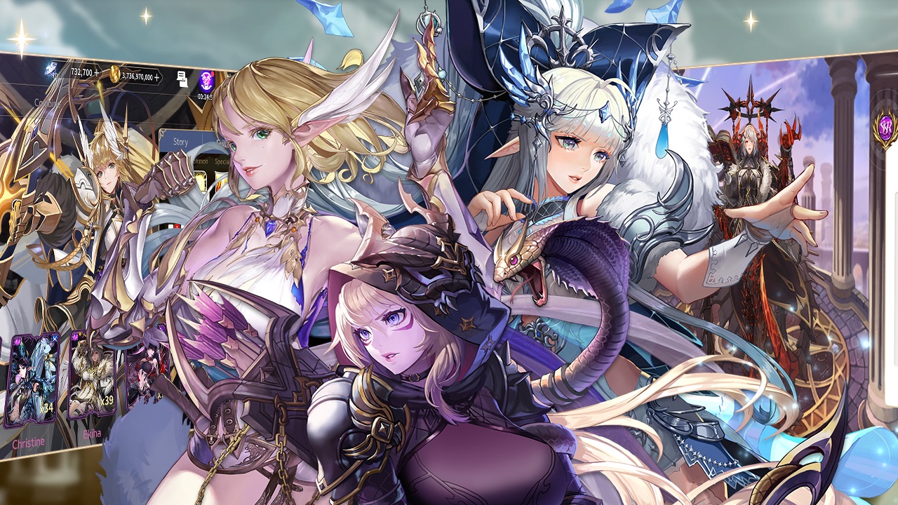The featured image for our Five Stars Horizon of Memory tier list, featuring three women from the game in fighting stances. They're all wearing some sort of battle armour.