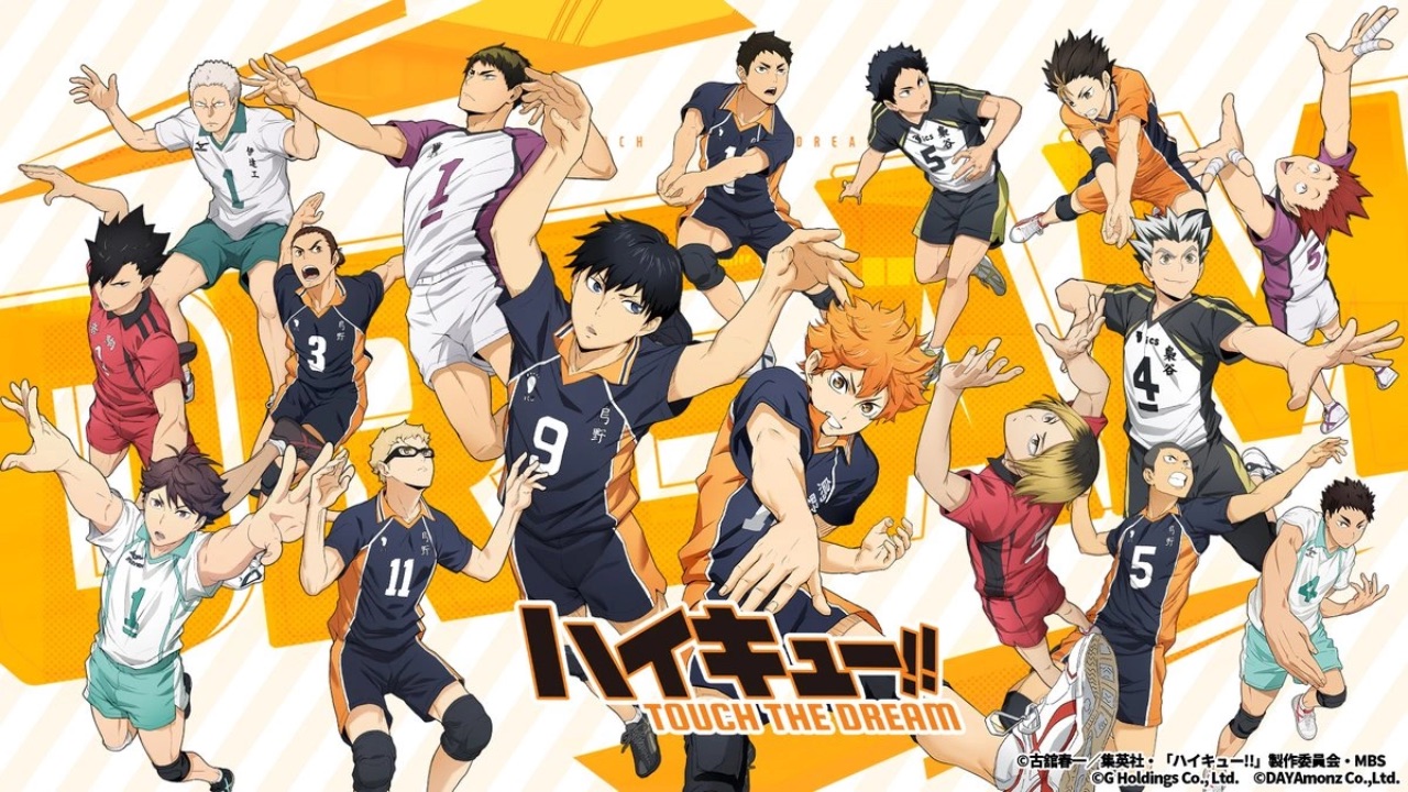 The featured image for our Haikyuu Touch The Dream tier list, featuring a poster that has all of the characters from the game. They're all wearing their volleyball kits, and they're all playing infront of a white/yellow background.