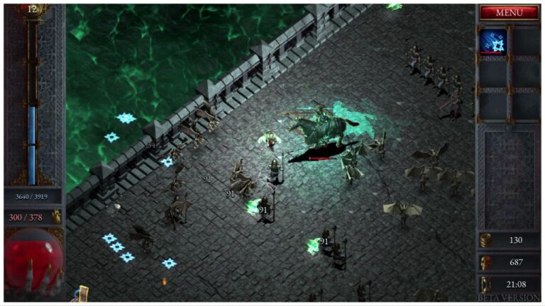 feature image for our halls of torment class tier list, the image features a screenshot of gameplay with the player approaching an enemy on a horse while holding a spear, there are other enemies approaching from all sides as water flows under the bridge