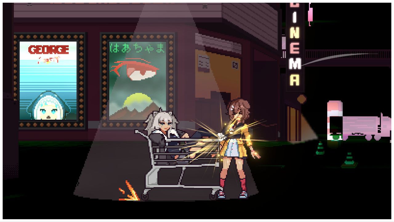 feature image for our idol showdown tier list, the image features a promo screenshot for the game of 2 hololive members, with korone being kicked by botan as botan sits in a supermarket trolley, they are in front of a cinema with a poster on the wall that resembles the jaws film, but with gawr gura as the shark instead and it has the title "george" instead of jaws