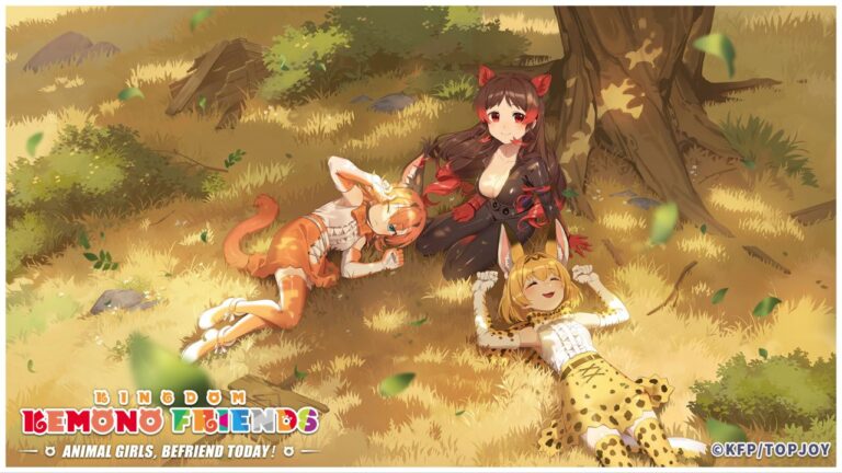 feature image for our kemono friends kingdom tier list, the image features promo art of 3 characters sitting under a tree, with two character laying down with their heads on the lap of another character, they all have animal ears and tails