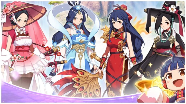 feature image for our legendary master idle tier list, the image features official promo art of different traditional outfits on characters from the game as they stand in front of a waterfall, there is also a small character smiling happily at the side as she raises her arms up