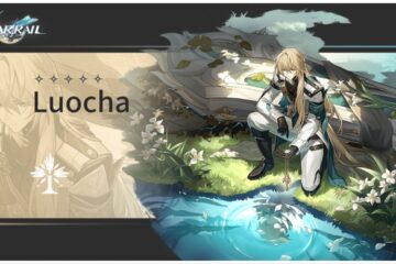 feature image for our luocha tier list, the image features official promo art for luocha as he crouches down close by to a body of water, he's holding a necklace over the water as it glows, there are flowers around him