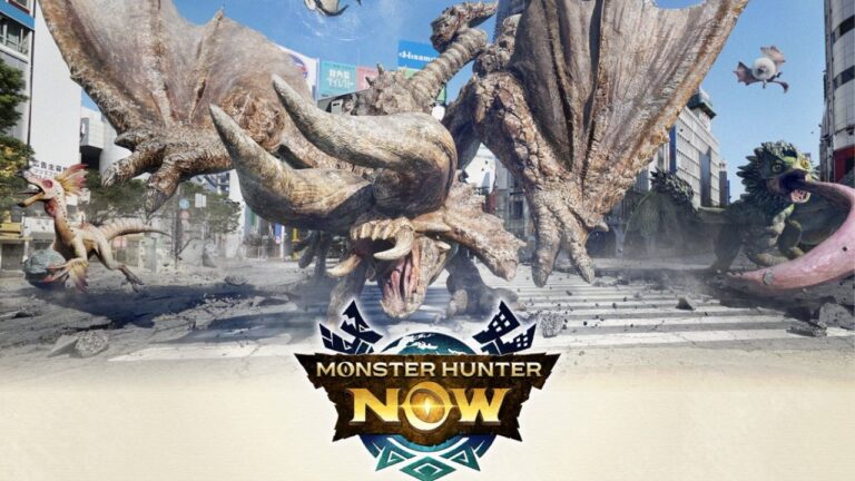 Feature image for our Monster Hunter Now tier list. It shows three monsters in a city area.