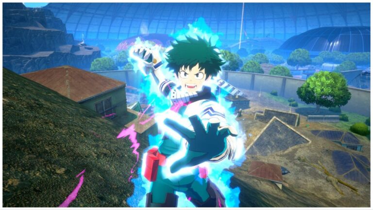 feature image for our my hero ultra rumble tier list, the image features a promo screenshot from the game of the character deku as he pulls his fist back ready to punch, he seems to be shouting and is glowing