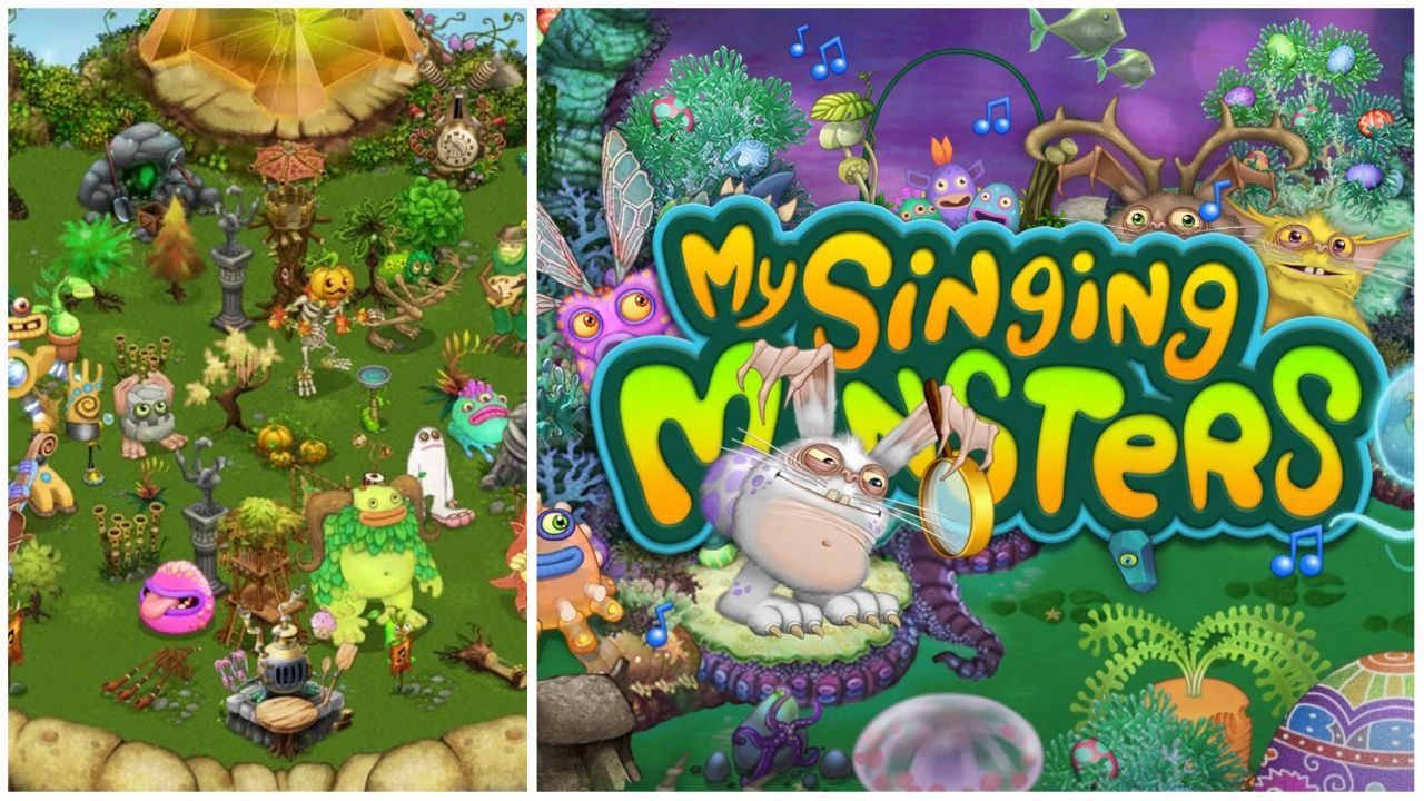 feature image for our my singing monsters breeding guide, the image features a screenshot of monsters on one of the islands in the game, as well as a variety of the collectable monsters and the game's logo