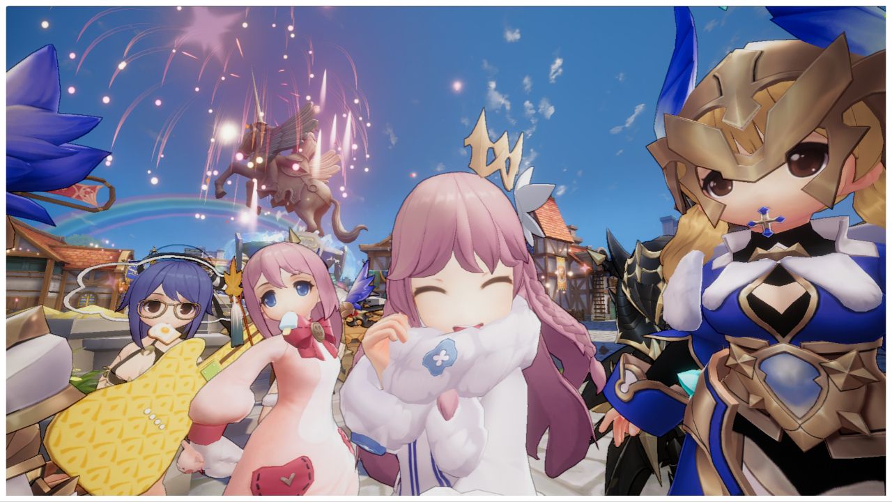 feature image for our ragnarok origin class tier list, the image features a promo screenshot of player characters from the game in costumes and armor as one smiles, with a town, rainbow, and a metal statue of a horse with fireworks in the sky behind them all