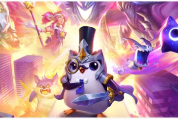 feature image for our tft legends set 9 tier list, the image features official promo art for the game of pengu wearing a monacle and armor while holding a sword, jinx is also there, with a giant wolf and buildings that have been smashed into, there are large monsters looming behind them with sharp teeth