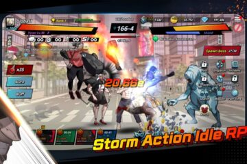 Feature image for our The Era Of Overman tier list. It shows a view of a battle-screen, with five characters attacking a monster in a cityscape.