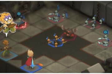 feature image for our waven tier list, the image features a promo screenshot of combat from the game, with the tactical board, some squares are lit up to show where players can move, there is also an emote being used by one of the characters that is of the character but looking scared as they hold their weapons